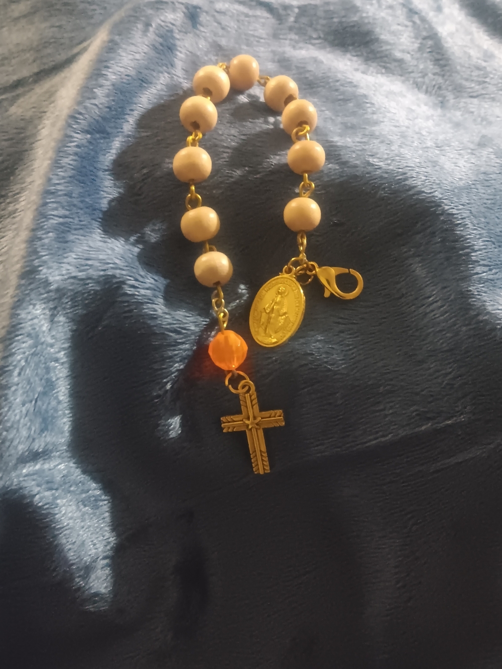 Gold-Tone Pocket Rosary with Wood Beads and Orange Accent